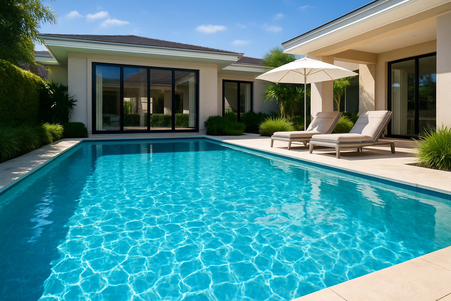 a crystal blue clean swimming pool in a home