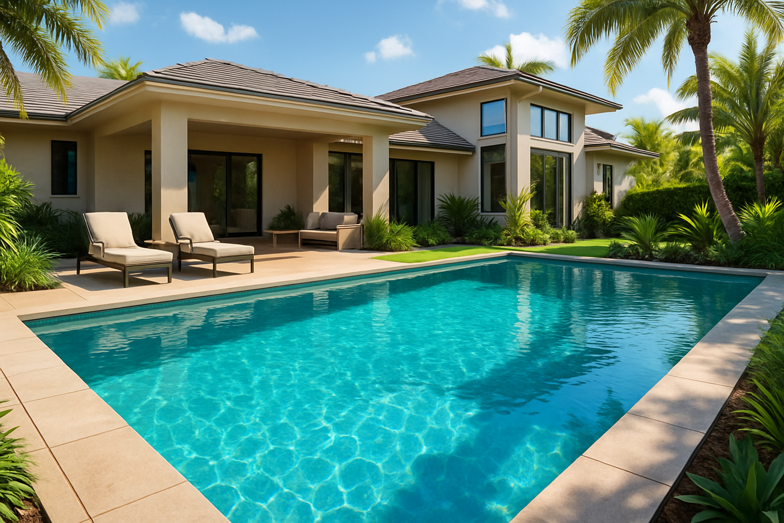 clean swimming pool, crystal blue, in a home